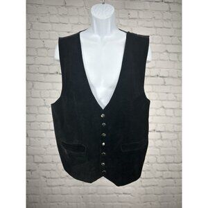 VTG Western Frontier Black Leather Snap Button Up Adjustable Waist Vest Size XL